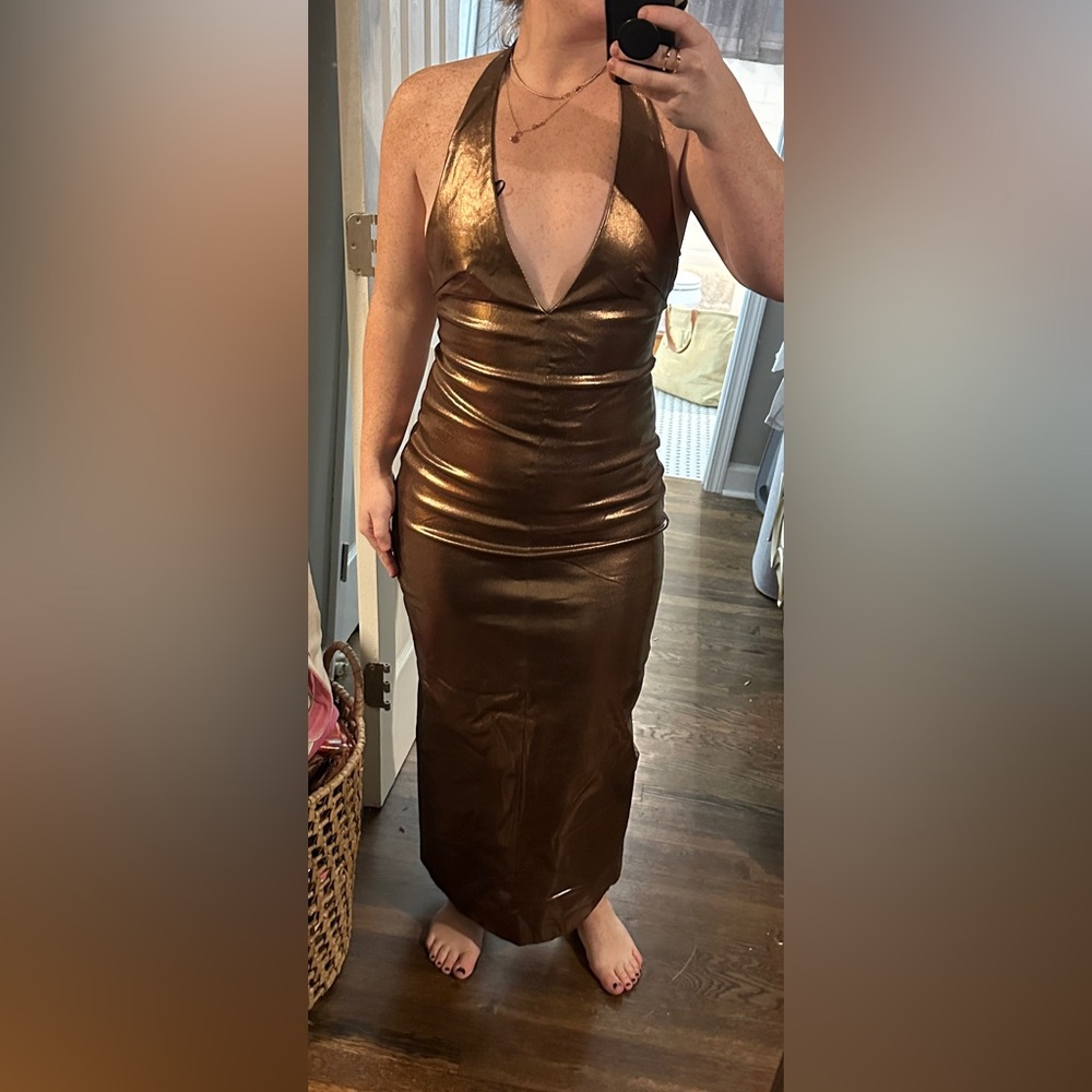 Zara New Woman Bronze Metallic Halter Dress